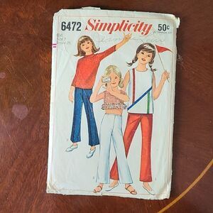 3/$15 vintage 1966 Girls Top and Pants Simplicity Sewing Pattern 6472 sz 7